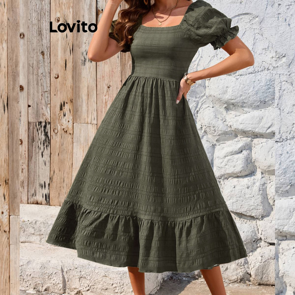 Lovito Vestido Boho liso com bainha em camadas e mangas bufantes para mulheres LBL19072 em Oferta na Shopee
