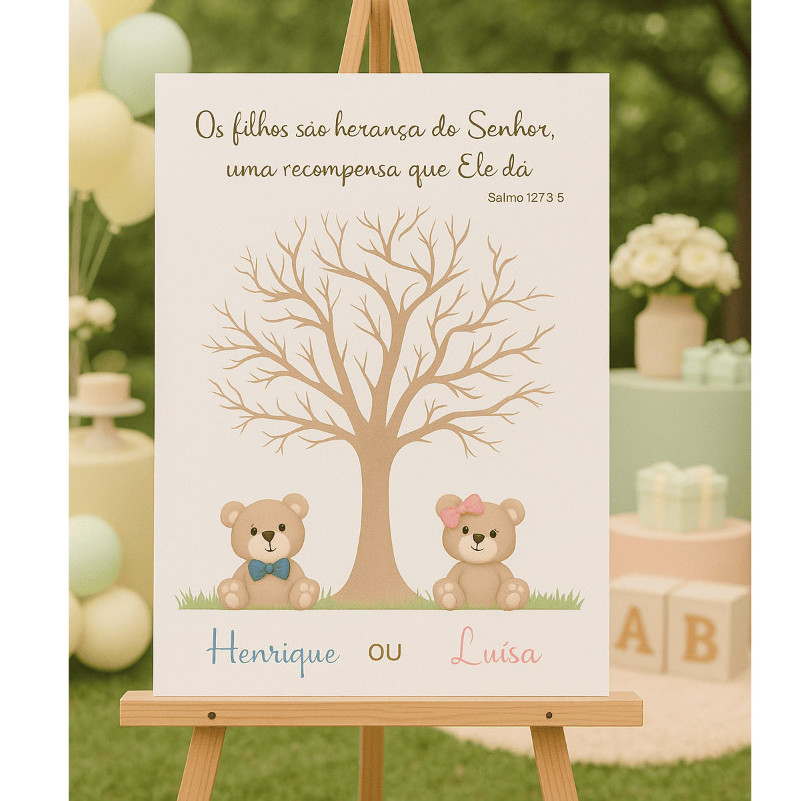 Quadro Chá Revelação Árvore de Digitais com Ursinhos Menino ou Menina Quadro Personalizado