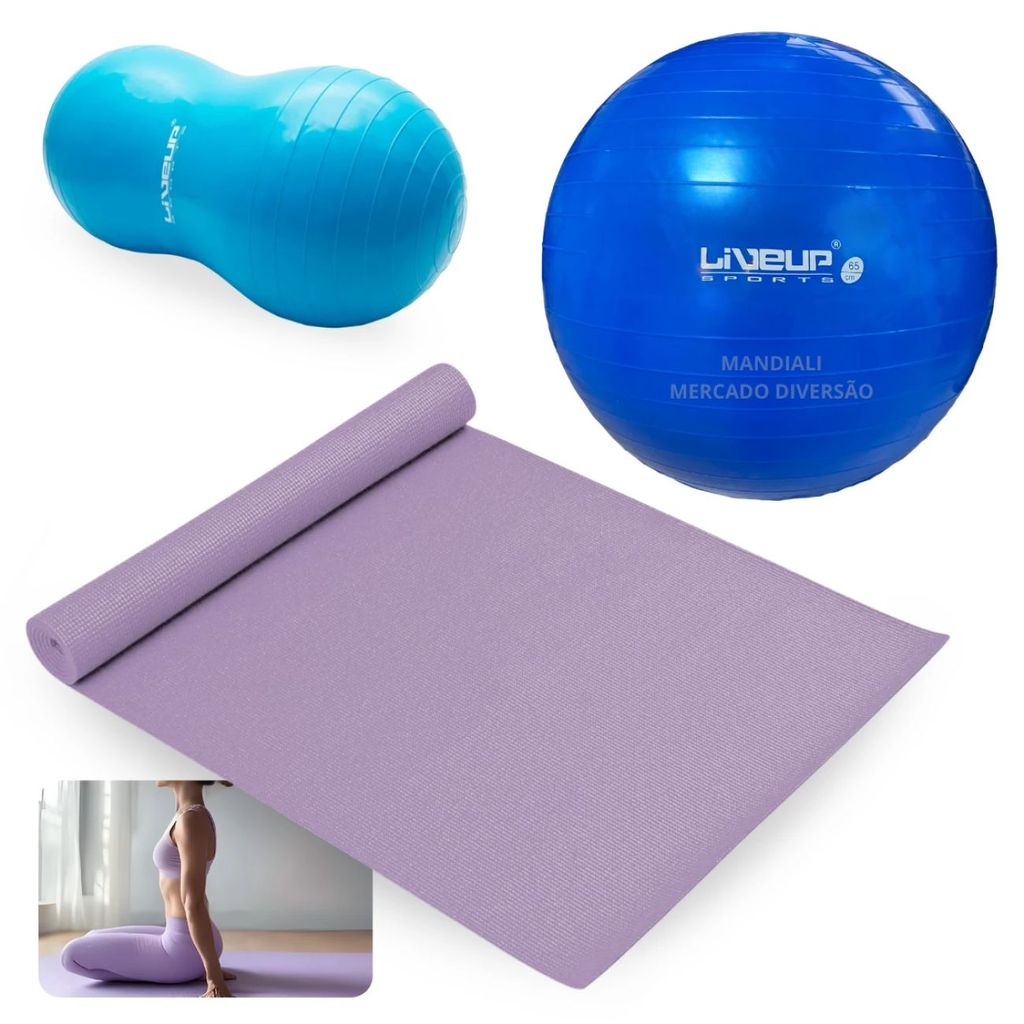 Kit Colchonete Lilas 1,73 M Tapete Yoga + Bola Feijão 90 Cm + Bola Pilates Suiça Premium 65 Cm