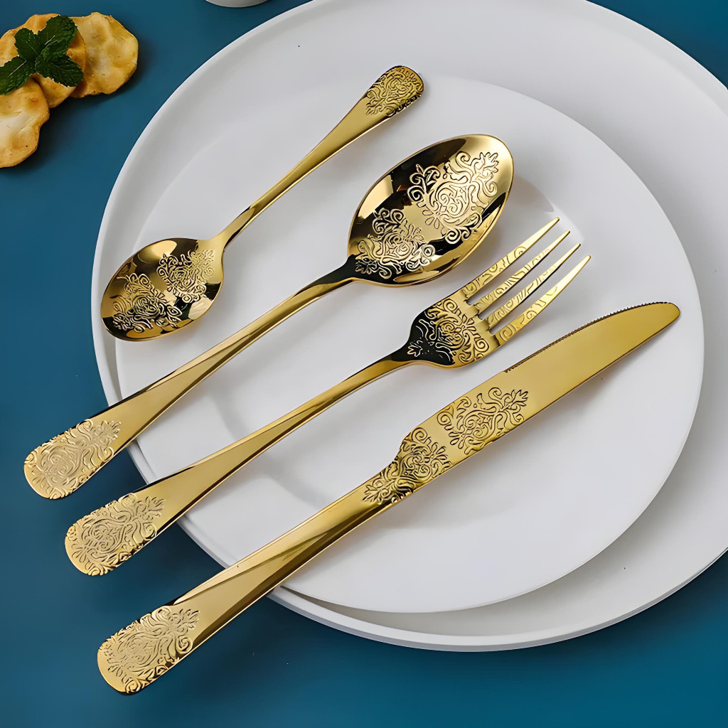Conjunto de Talheres Dourado Luxo 24 Peças  Aço Inox Premium para Mesa Posta - Design Sofisticado