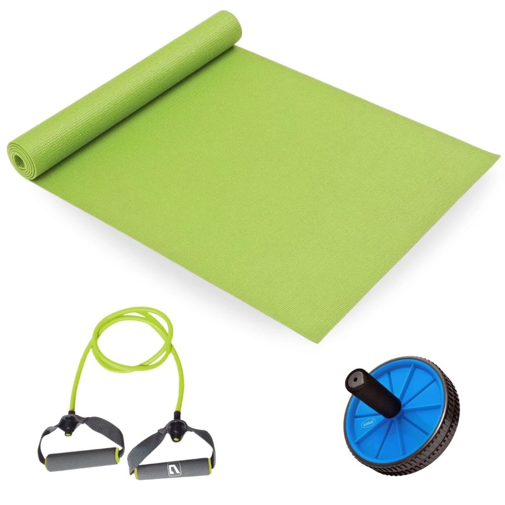 Kit Colchonete 1,73m + Extensor Elástico 1 Via Media + Roda Abdominal Exercícios Treino