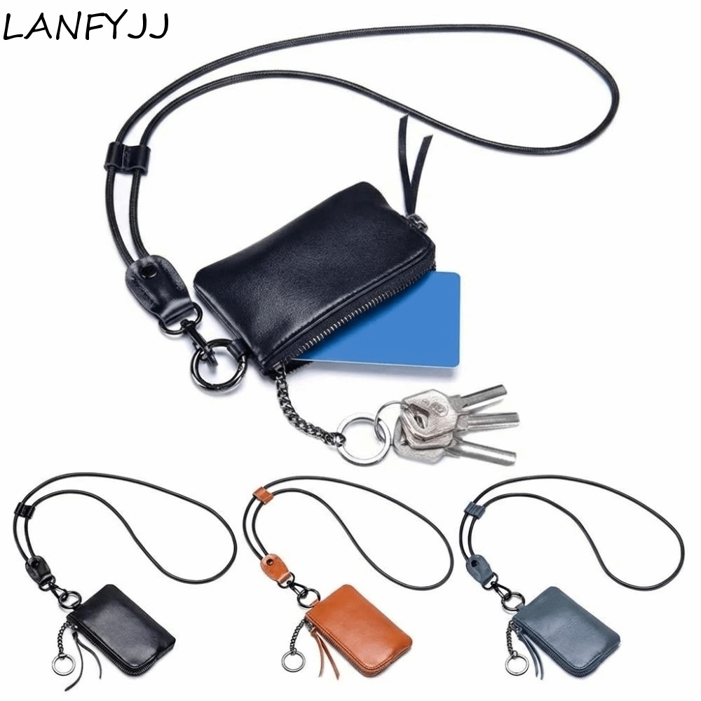 LANFYJJ Carteiras Penduradas No Pescoço , Mini Bolsa De Moedas Retrô PU , Com Cordão Para Chaveiro , Porta-Cartões Portá