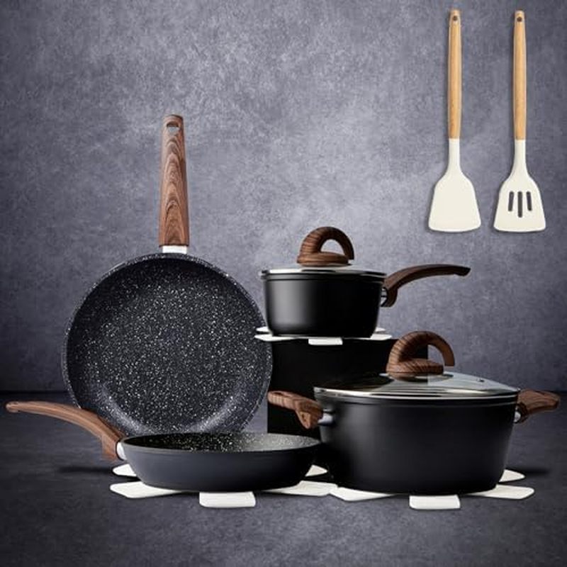 Conjunto De Panelas E Frigideiras Rosa Antiaderente , De Cerâmica Com Padrão De Granito Conjuntos De Cozinha Panela De I