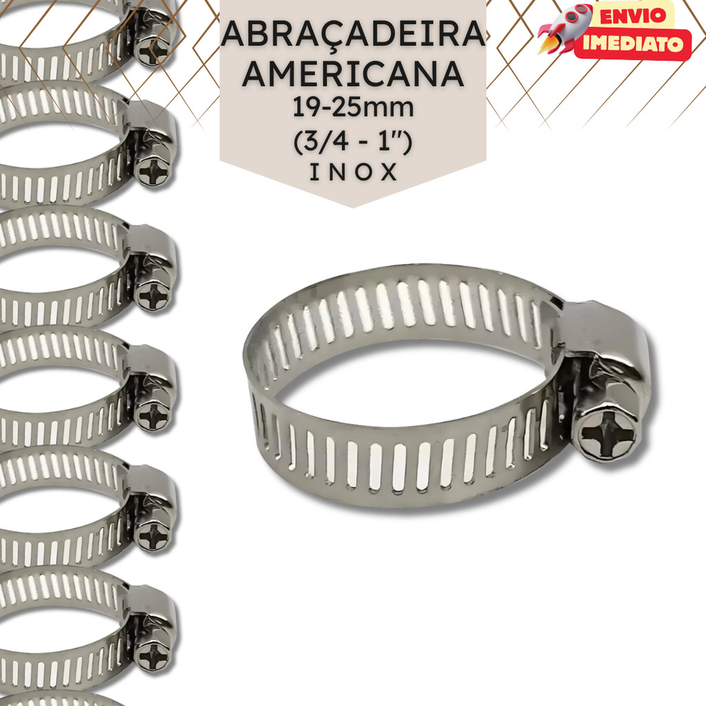 Kit com 100 ou 200 Abraçadeiras Americanas em Aço 19–25mm (3/4"–1")