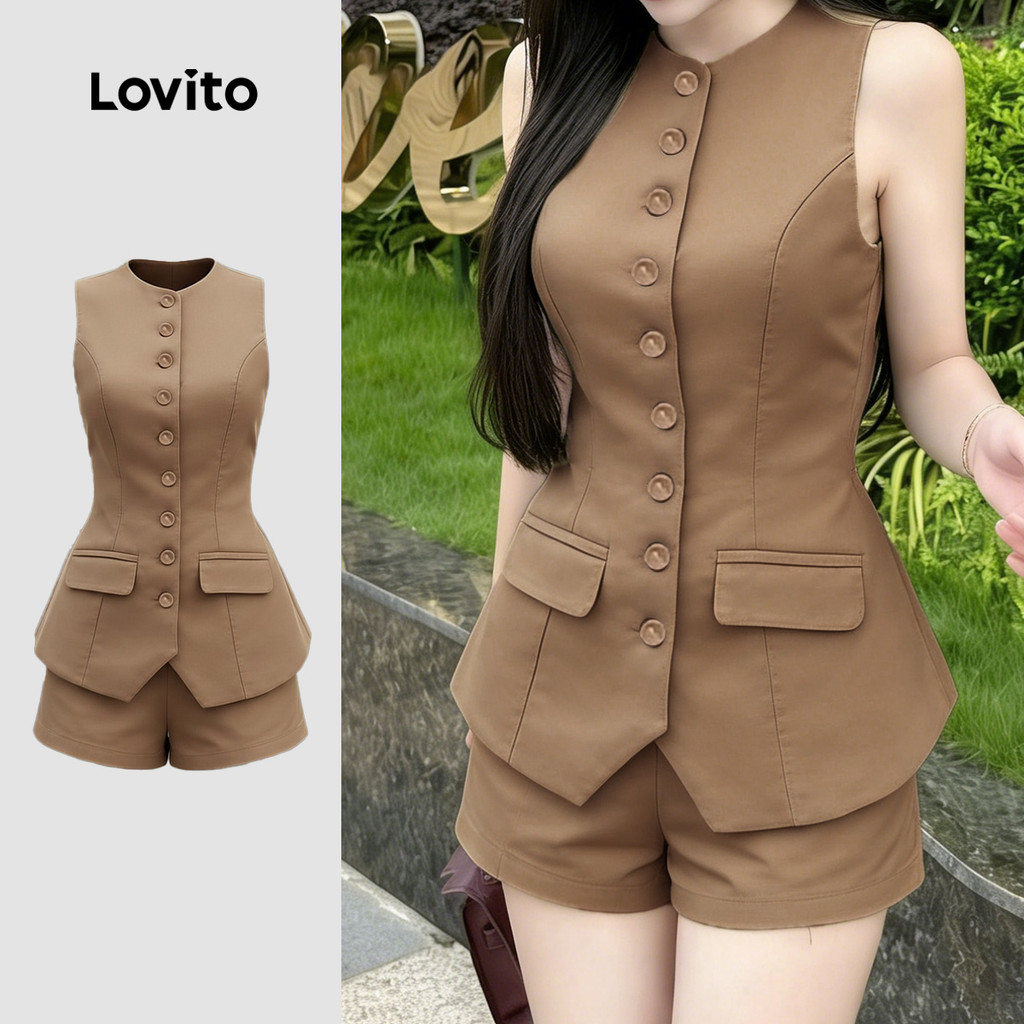 (NEW) Lovito Elegantes Tops ou Calças Frontal para O Dia a Dia Na Primavera/verão Blusa cáqui LK4ED1647