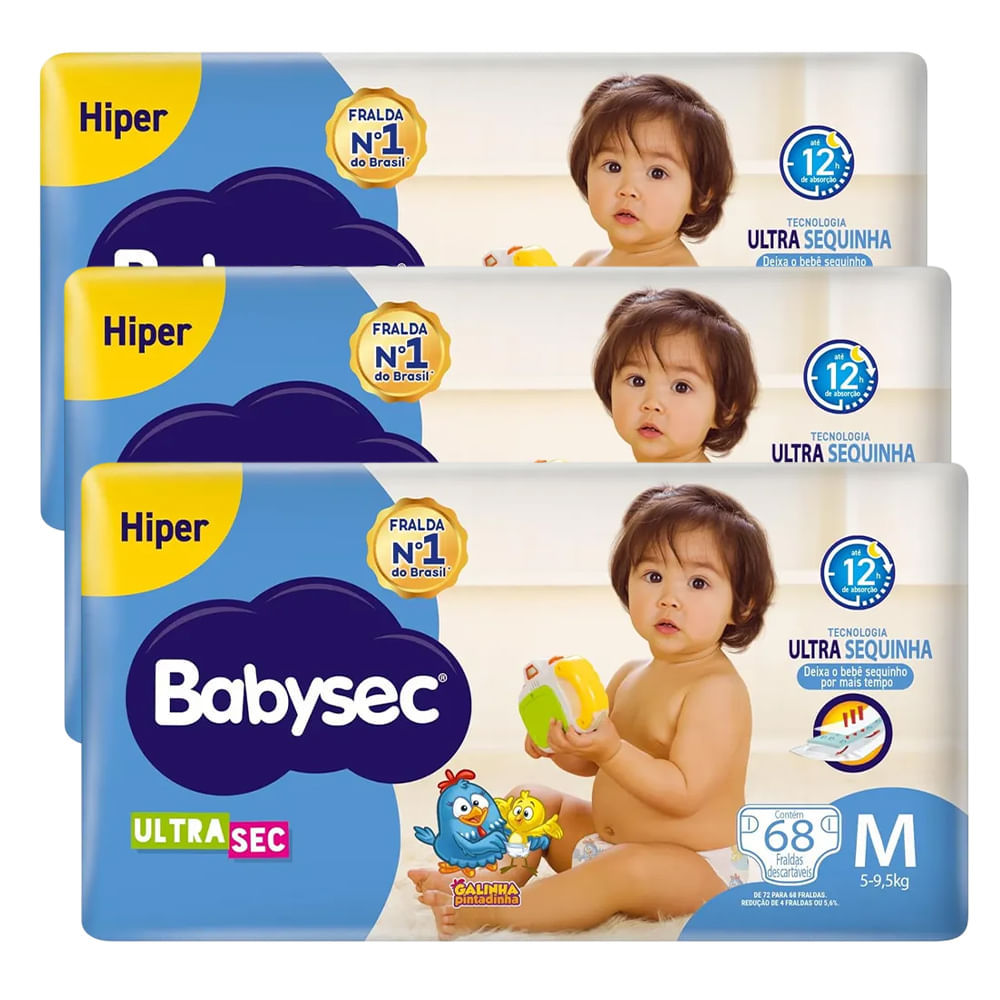 Kit Fralda Descartável Babysec UltraSec Hiper M Com 68 Unidades - 3 Unidades