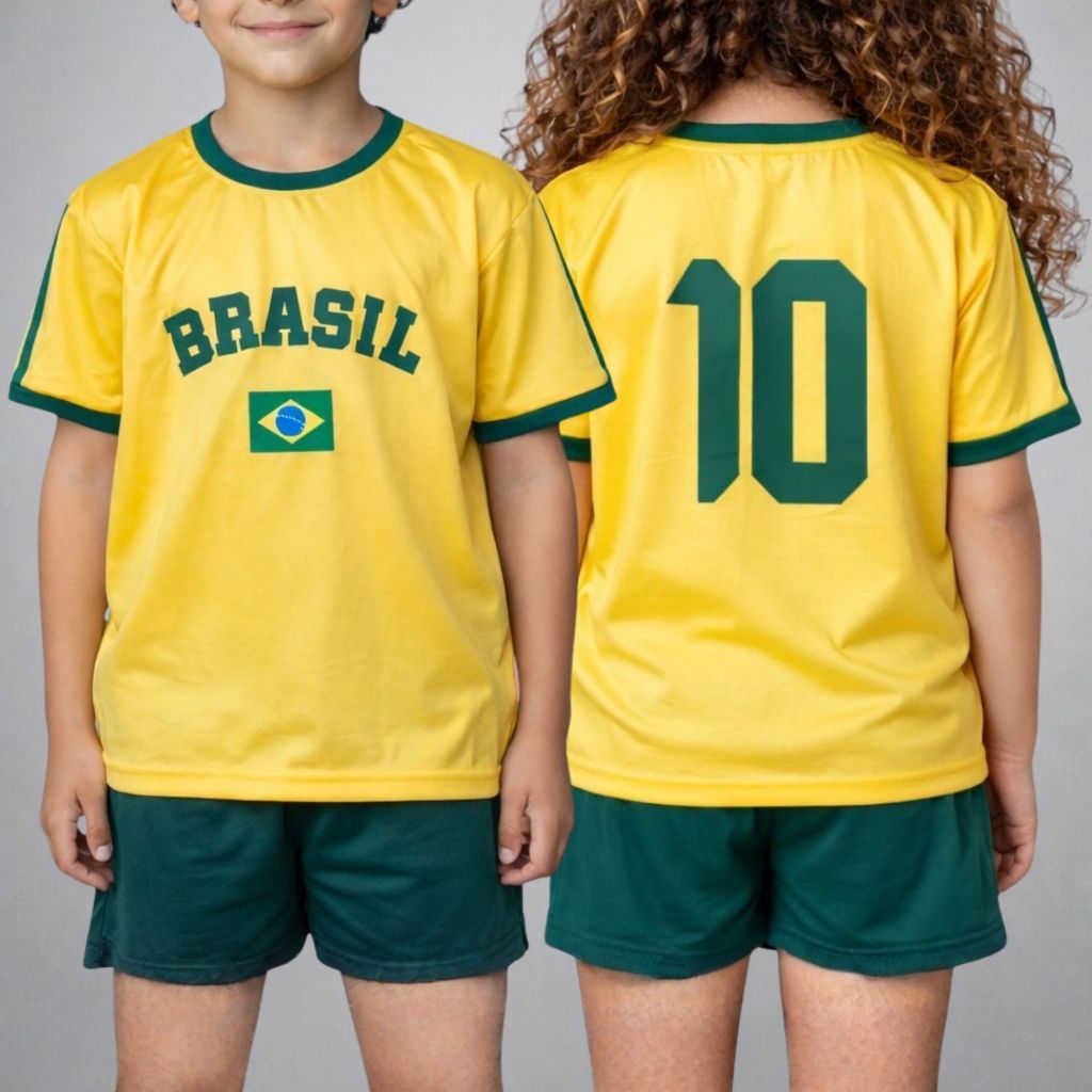 Conjunto do brasil em dryfit estampada camiseta short poliéster tamanho 02 ao 14