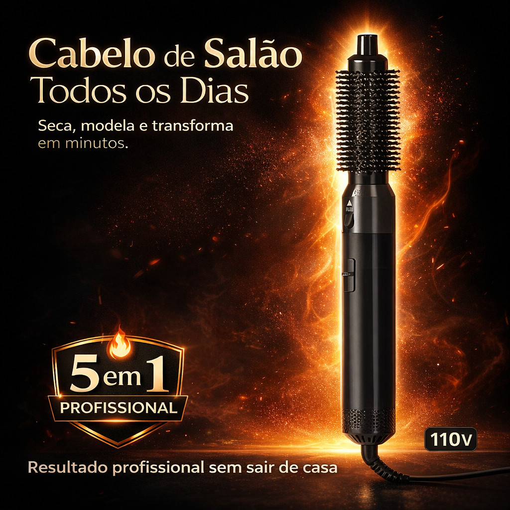 Escova Secadora 5 em 1 110V Preta Profissional Modeladora Rotativa com Acessórios
