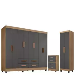 Guarda Roupa Casal Porto Com Cômoda Lite 4 Gavetas E Armário Multiuso Lite Nature Cinza Móveis Leão