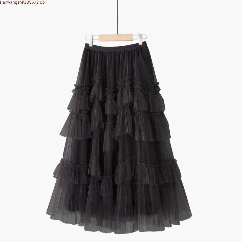 [7 Cores] ANGEL Moda Saia midi Feminina De Malha Cor Sólida Coreana De Cintura Alta Linha A Tutu Tulle De Bolo Longo Pa