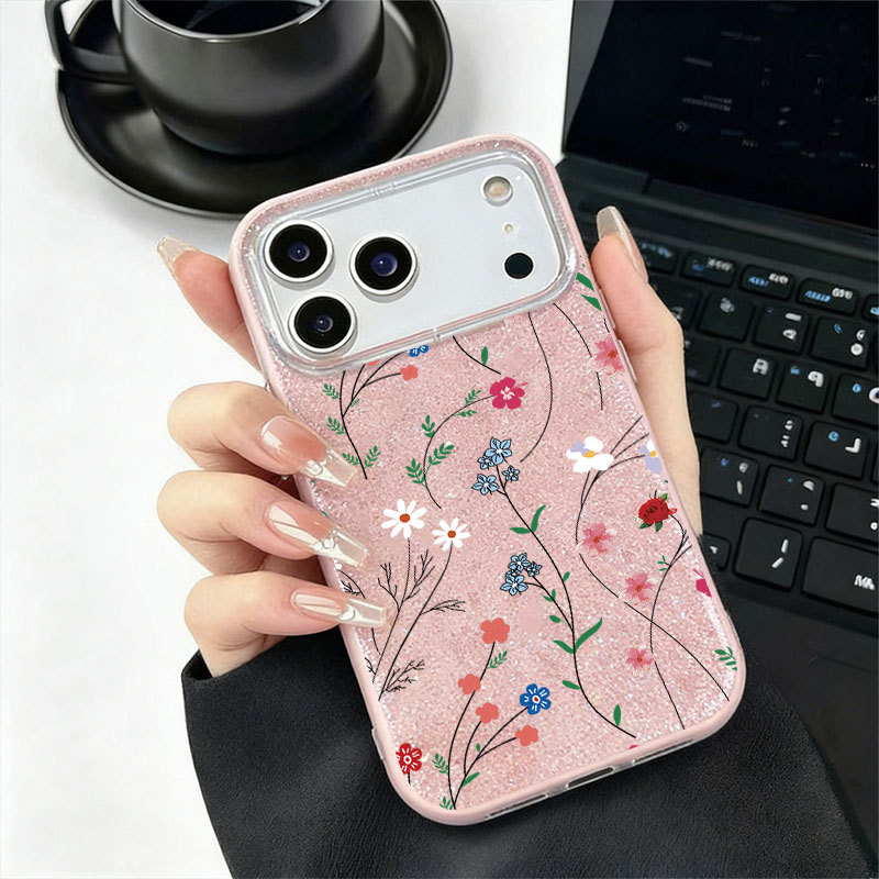 Caso Glitter Para Samsung A17 A07 A06 A15 A16 A14 A13 A12 A32 A56 A36 A55 A54 A23 S26 S25 Ramos De Flores Desenhados À M