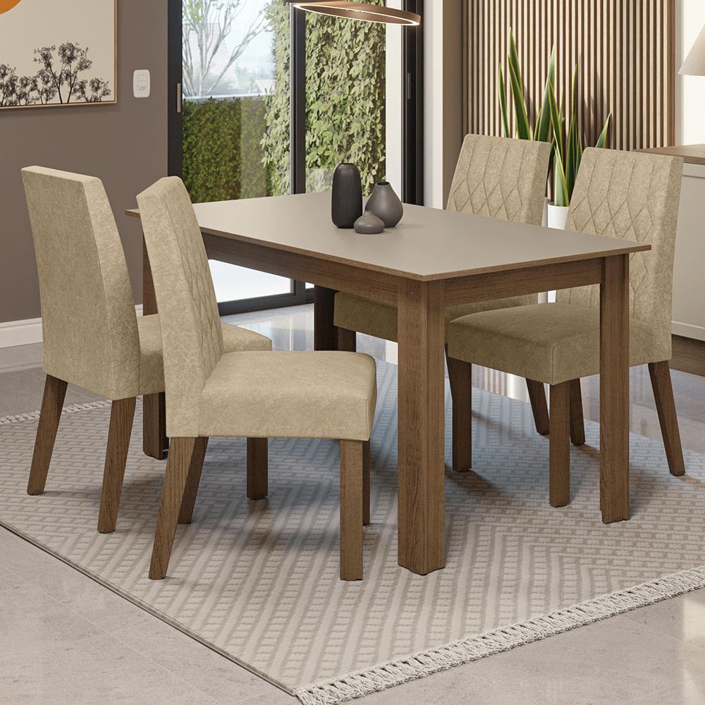 Conjunto Sala de Jantar Lótus Mesa Tampo de Madeira 4 Cadeiras Rustic/Crema/Suede Imperial Madesa