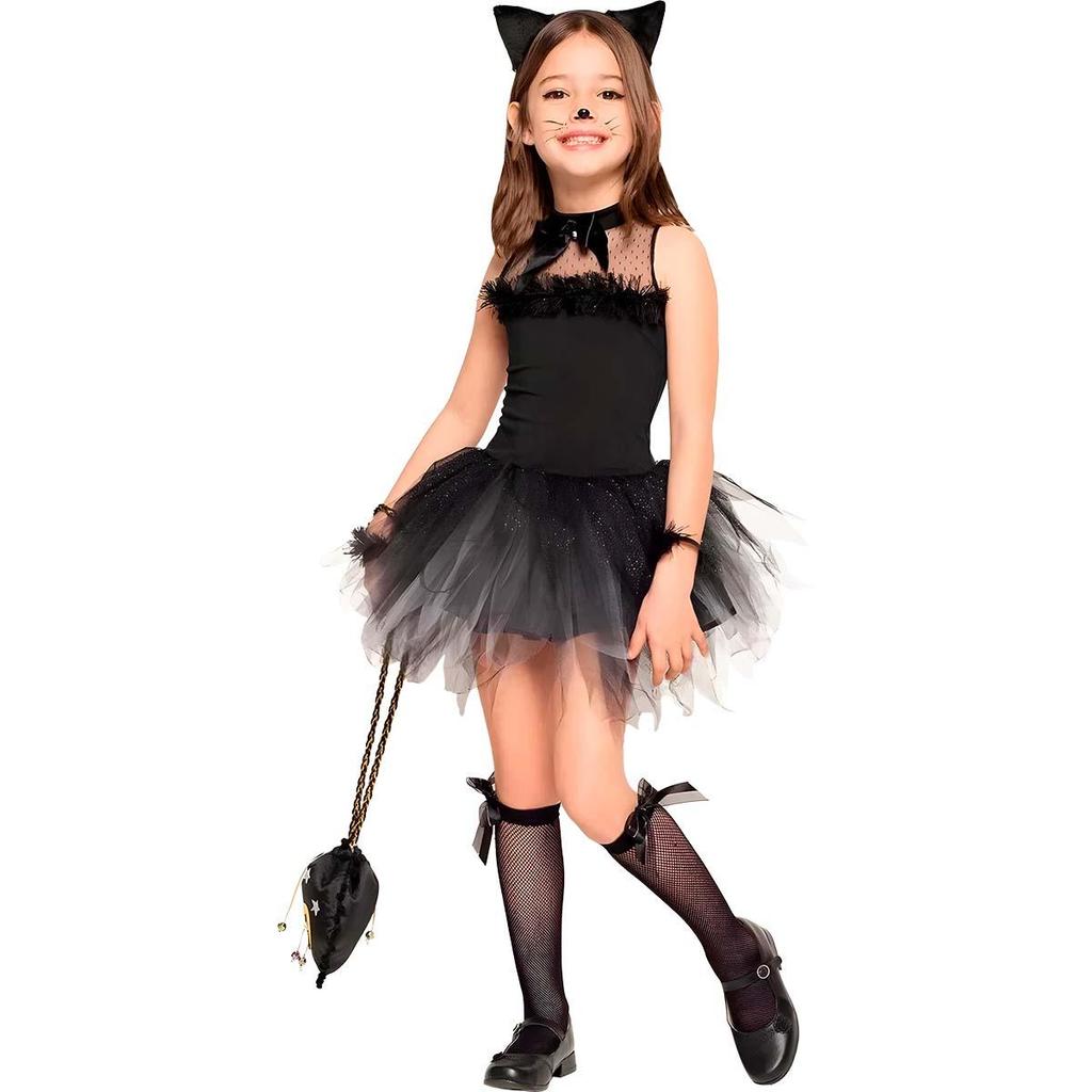 Fantasia Halloween Infantil pra Menina de Luxo Vestido Gatinha Preta Com Tiara e Pulseiras