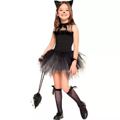 Fantasia Halloween Infantil pra Menina de Luxo Vestido Gatinha Preta Com Tiara e Pulseiras