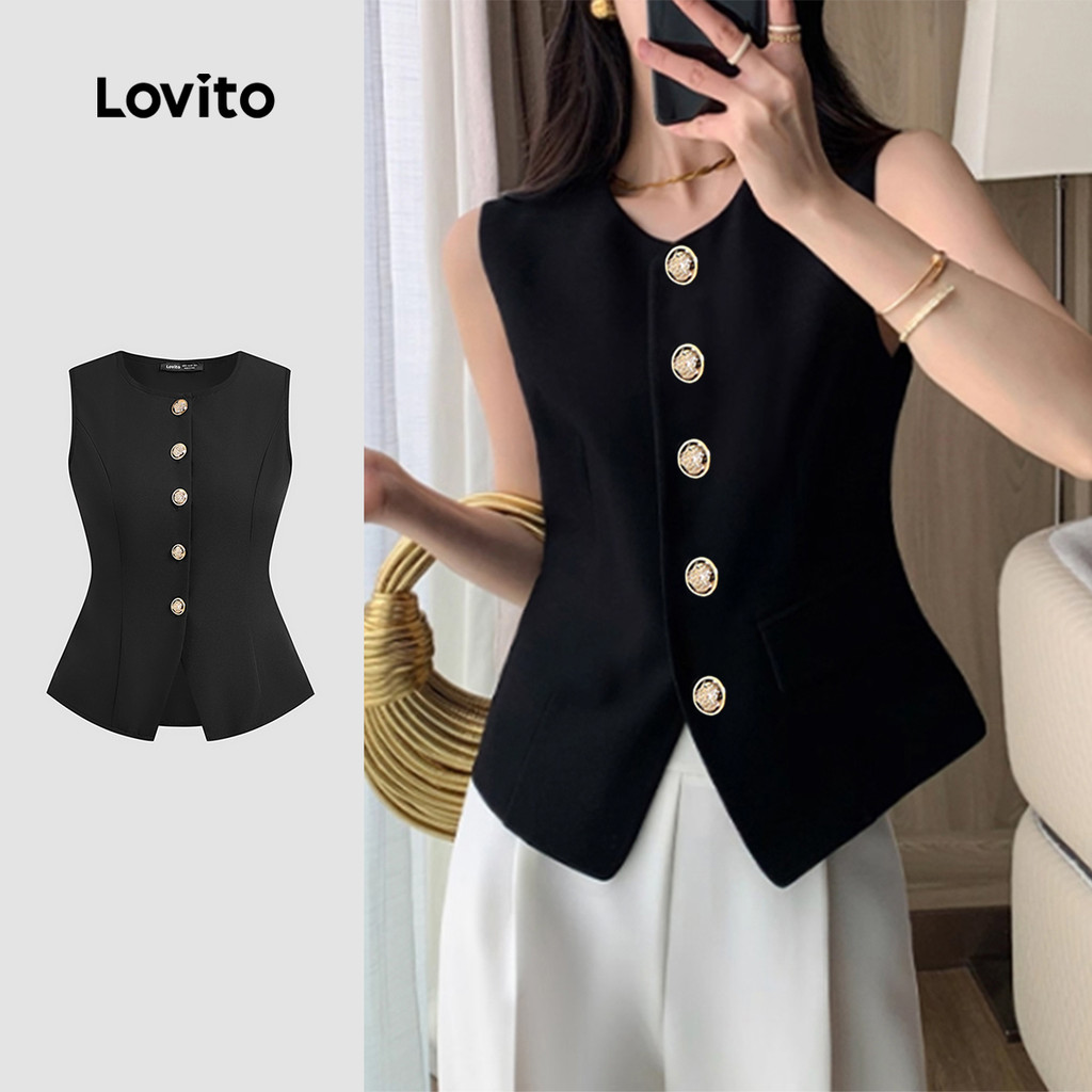 (Lovito x Ana) Elegante Blusa Feminina Clássica e Versátil com Botões Cor Preta Perfeita para Primavera/Verão L143ED018