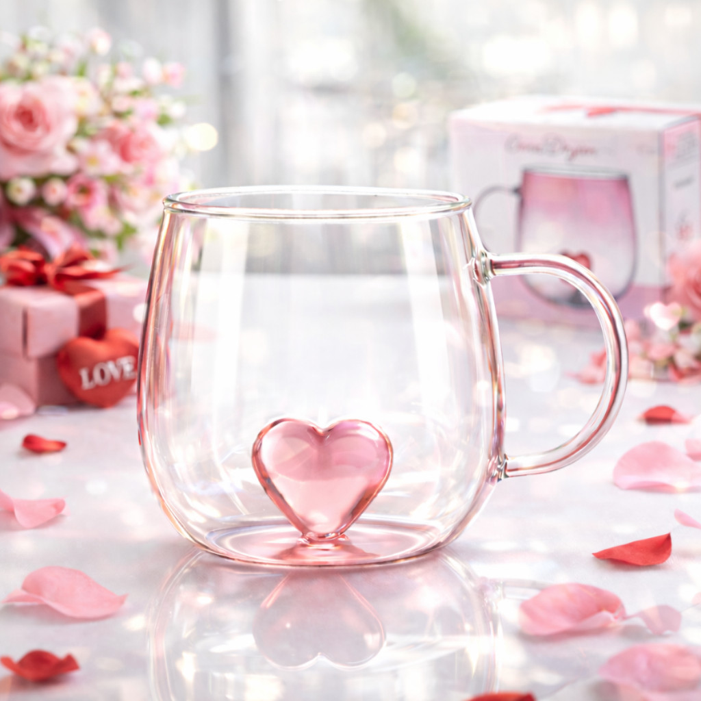 Caneca Coração 400ml Vidro Borossilicato Premium – Presente Romântico Dia das Mães / Namorados em Oferta na Shopee
