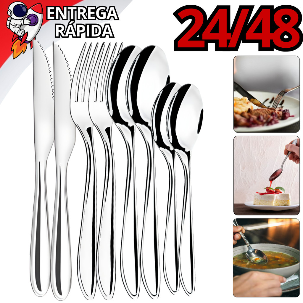 Jogo de Talheres 12/24/48 Peças em Aço Inox para Refeições e Sobremesas