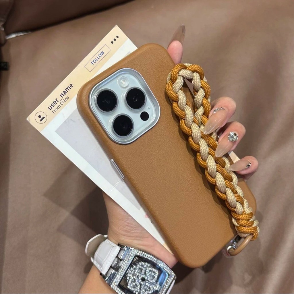 Capa de telefone de couro com padrão de lichia com cordão iPhone16ProMax High-End 1514 resistente a choques 13 Soft Case em Oferta na Shopee