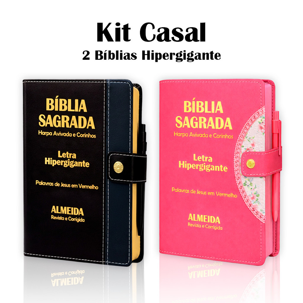 Kit Casal 2 Bíblias Sagradas Hipergigante com Botão e Harpa