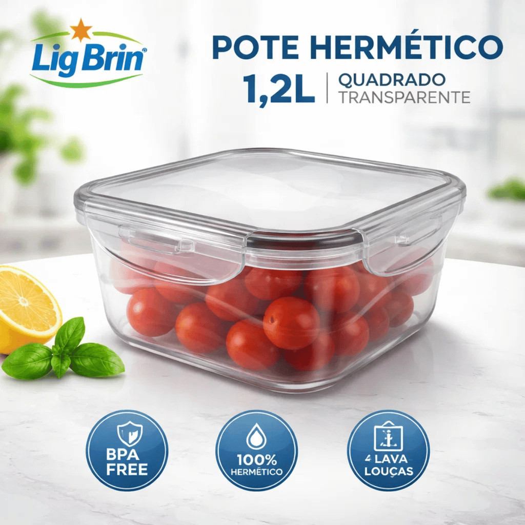 Pote Hermético 1,2L Quadrado - Lig Brin / Organizador Marmita Forno Microondas Freezer Hermético
