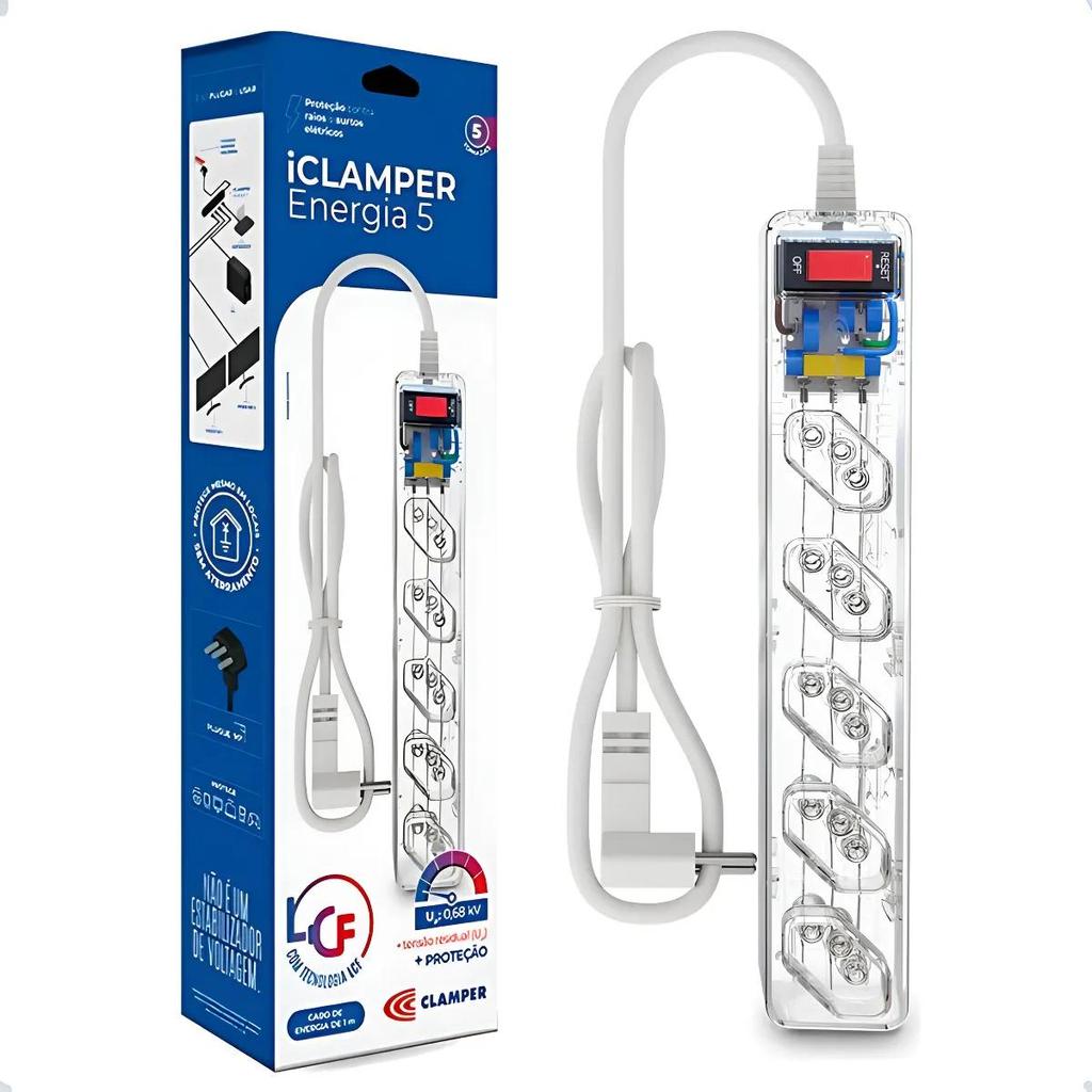 Filtro de Linha Clamper 5 Tomadas com DPS Bivolt Transparente em Oferta na Shopee