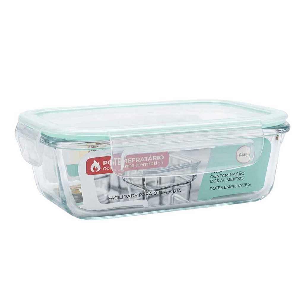 Conjunto Potes Vidro Hermético Marmita Mantimento c/Tampa 640ml Retangular