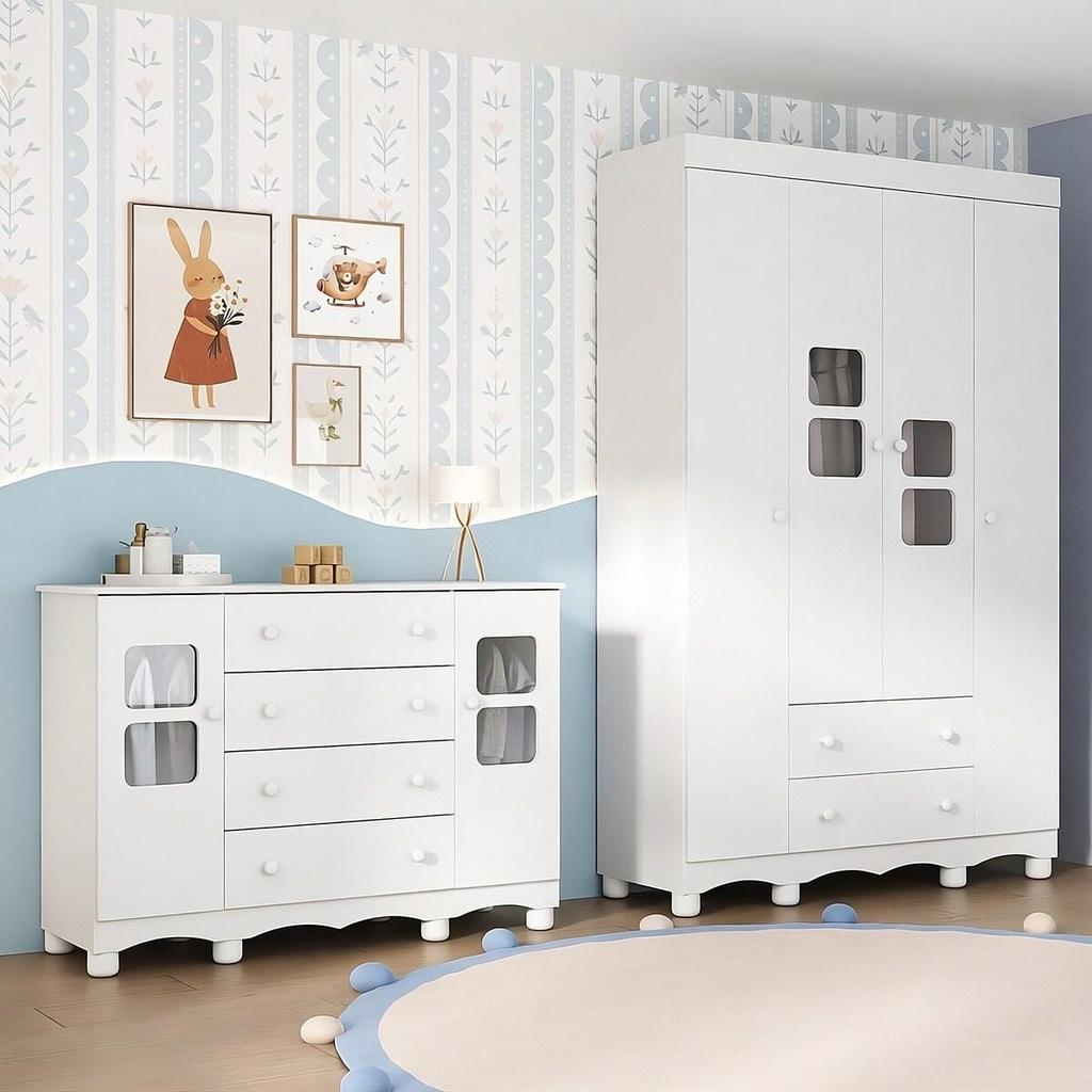 Quarto de Bebê Completo com Guarda-Roupas 4 Portas e Cômoda Luna Multimóveis MP4797