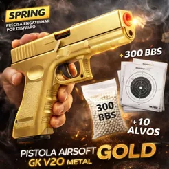 PISTOLA AIRSOFT GK V20 GOLD FULL METAL 6MM + 300 BBS + 10 ALVOS | MOLA REALISTA