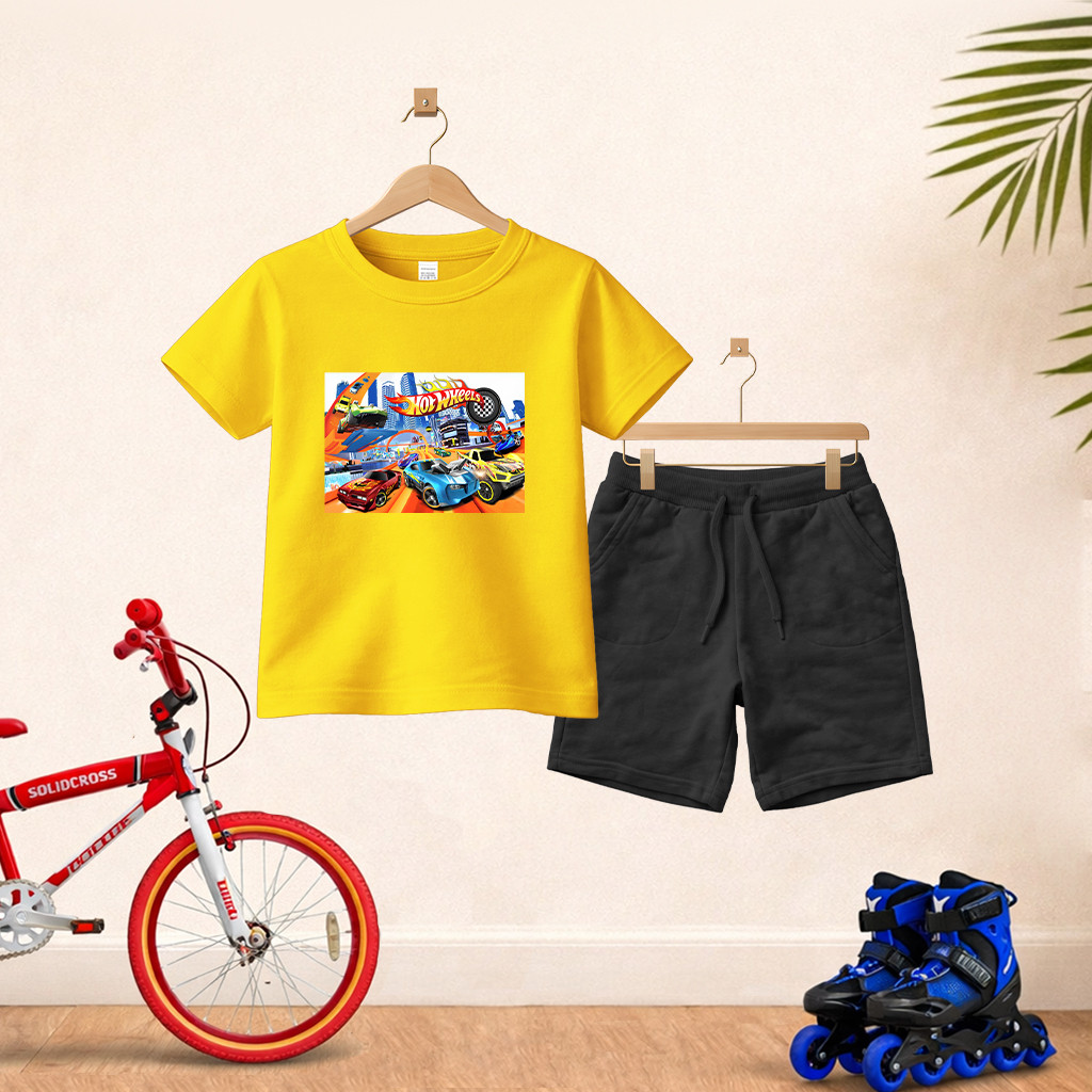 Camiseta Short Conjunto Infantil Desenho H Weels Em Algodão Conjunto De Bermuda Juvenil Conjunto De Bermuda Juvenil