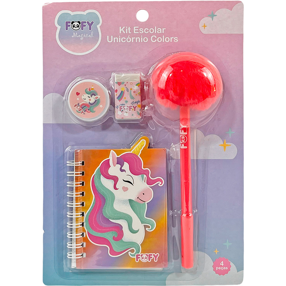 Kit Escolar Unicórnio, Caderno, Apontador, Borracha Caneta