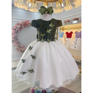 Vestido Infantil Verde Oliva Bordado Borboletas Dama Festa Luxo em Oferta na Shopee