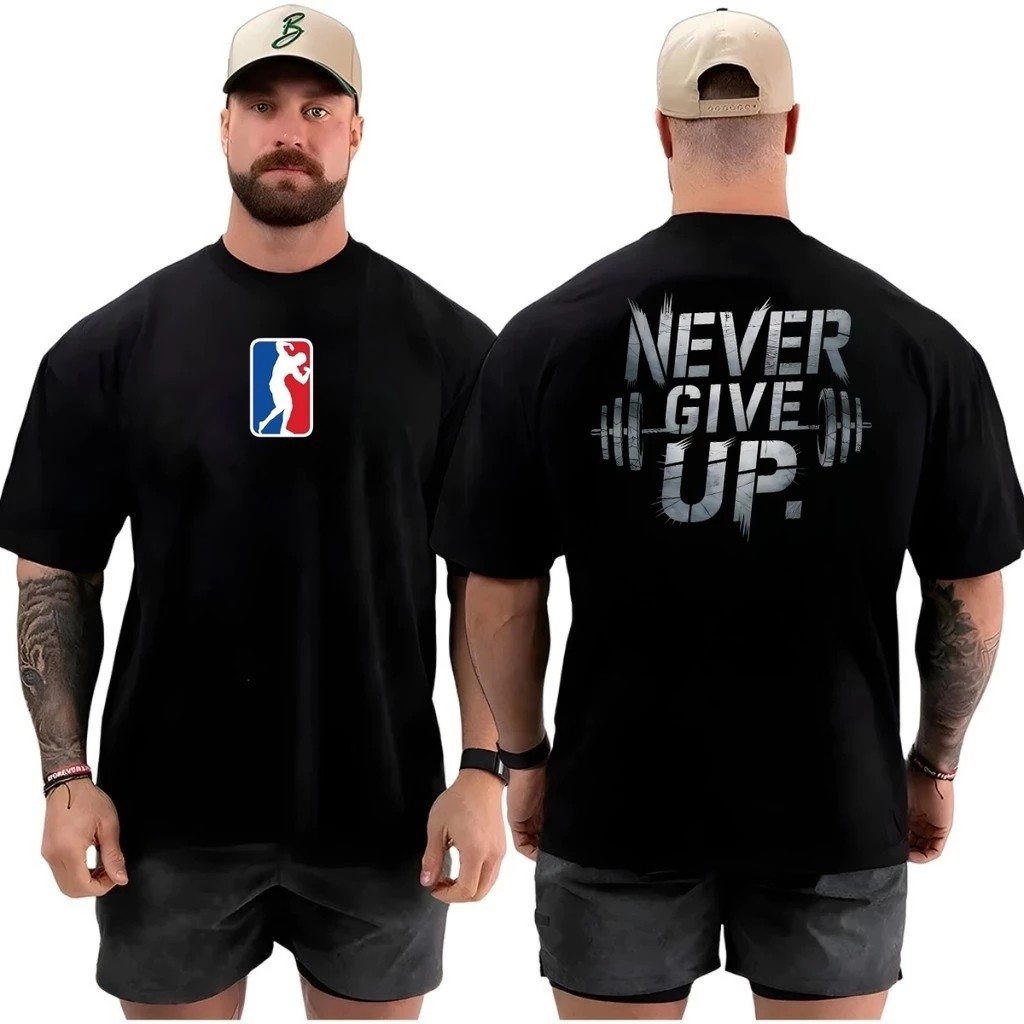 Camiseta Masculina Academia Never Give Lançamento 100% algodão Unissex Plus Size Oversized Premium - Estampaê