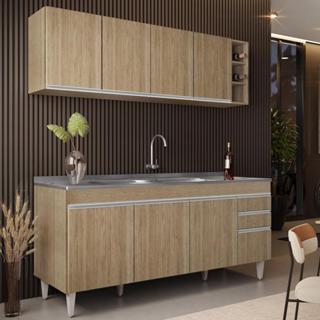Armário Cozinha e Balcão com Pia 180cm Dallas Castanho      - Lumil em Oferta na Shopee