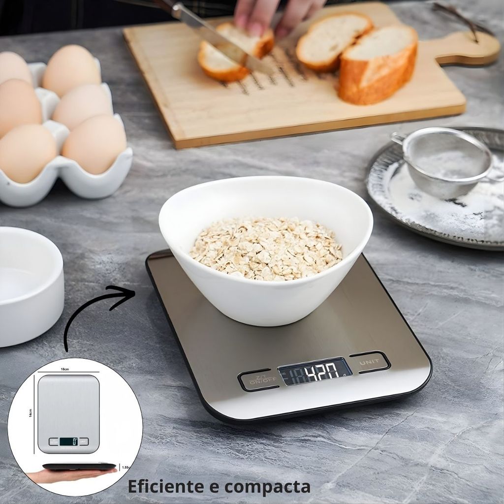 Balança de Cozinha Digital E Portátil até 10kg Compacta Inox Visor LCD Kit