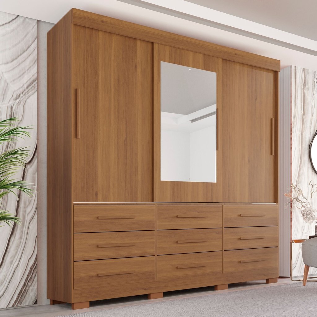 Guarda-roupa com Pés e Espelho Casal 3 Portas 9 Gavetas Luana Cinamomo