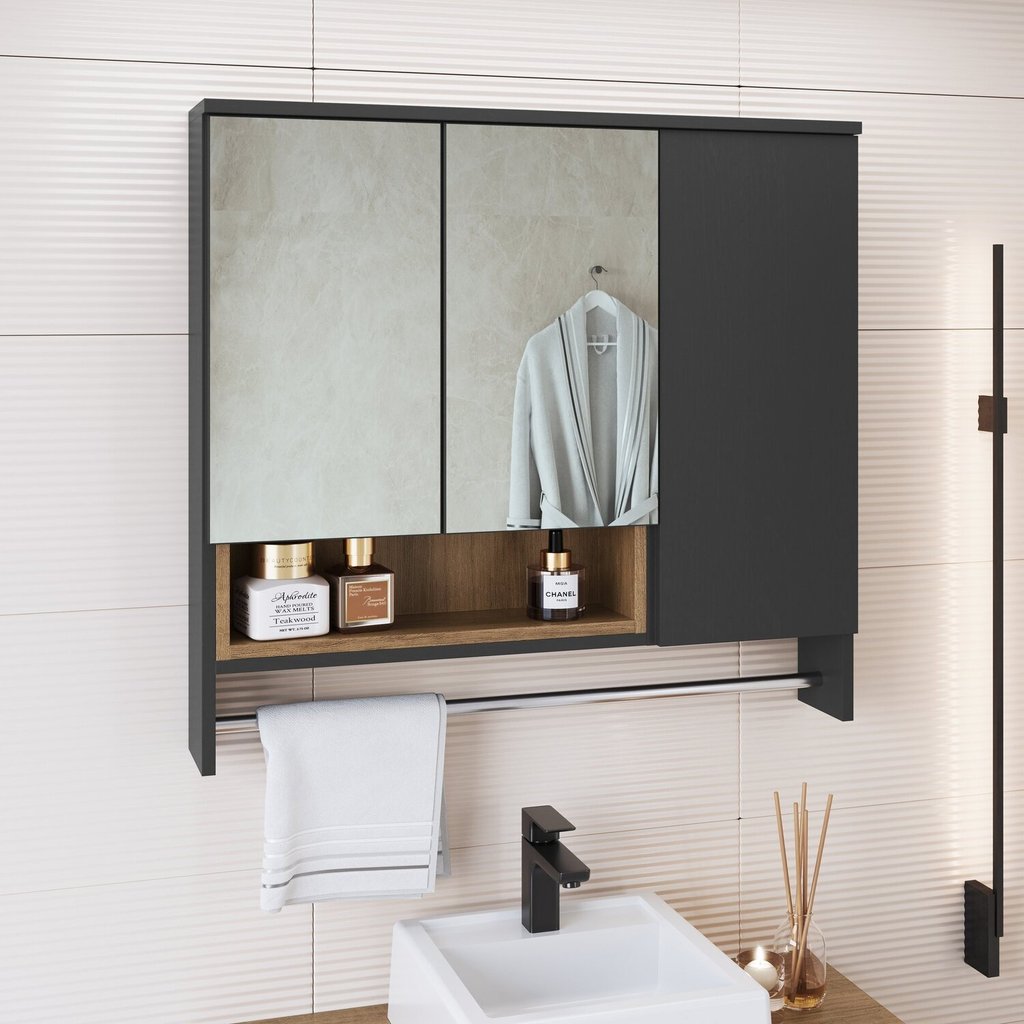 Armário Espelheira para Banheiro Olívia com 3 Portas, Um Nicho e Toalheiro Mel/Grafite em Oferta na Shopee