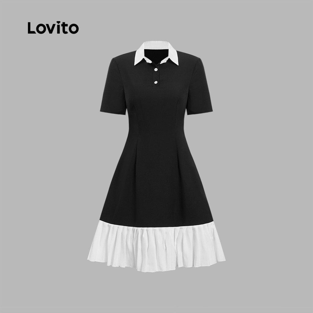 Lovito Elegante Vestido Preto Plissado Botões Delicado Formal Oficial Primavera/verão Feminino L172LD088 · foto 2