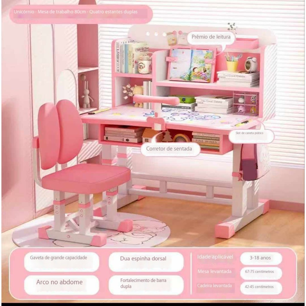 Conjunto de mesa e cadeira de estudo infantil, mesa com altura ajustável e cadeira de correção de postura