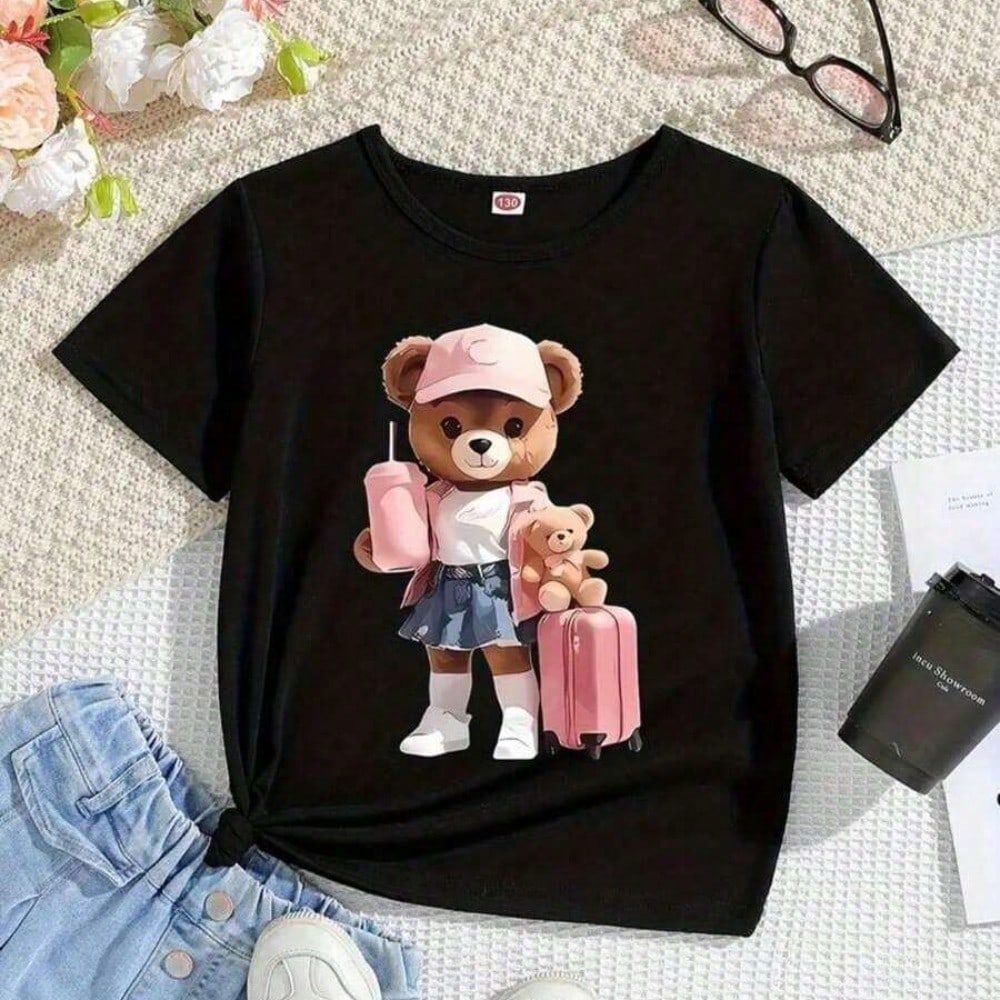 Camiseta Infantil 100% algodão Ursinha Viajante Camiseta Básica Menina  de Manga Curta casual e confortavel para meninas