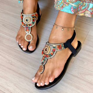 Sandália Feminina Rasteira Preta Strass Luxo Hippie Chic Pedrarias Ajuste Elástico Conforto Alice Nilza Camargos