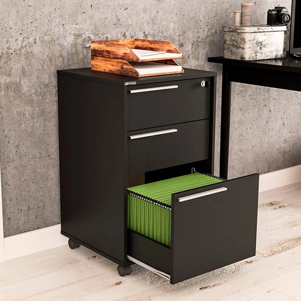 Gaveteiro 3 Gavetas com Chave Maia  Preto em Oferta na Shopee