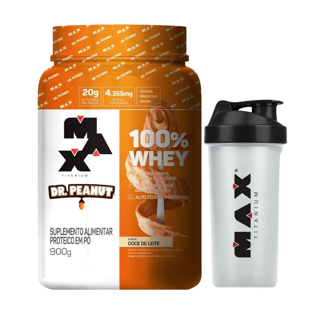 Whey Protein Dr Peanut 100% Doce de Leite Mix 900g + Coqueteleira 700ml Max Titanium