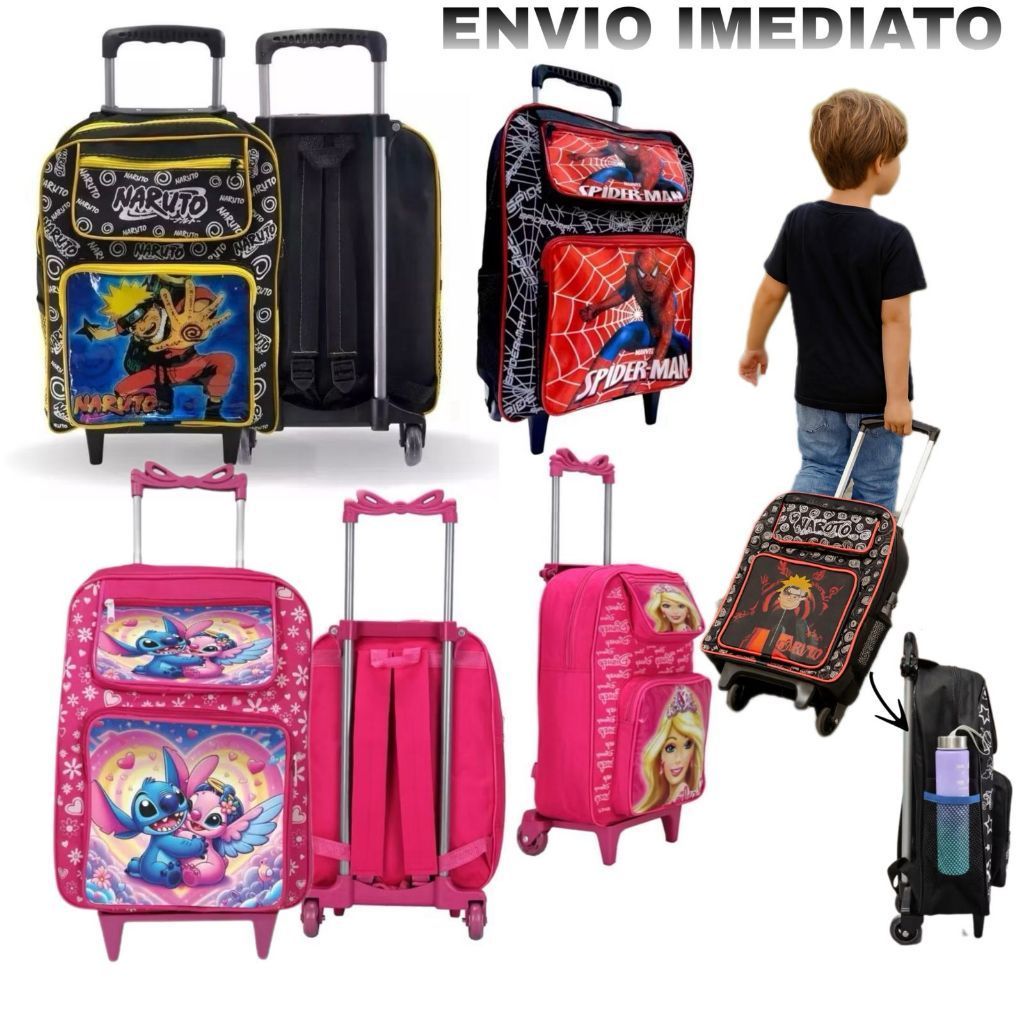Kit Mochila Escolar Com Rodinhas Personagem Grande Resistente Infantil Barata Sticth Princesa Herói Menino Menina