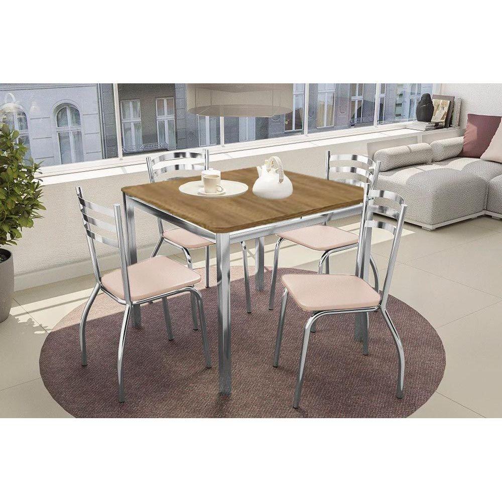 Sala de Jantar Completa Reno c/ Tampo de Madeira 90cm + 4 Cadeiras Portugal Cromada/Nude 16 - Kappesberg