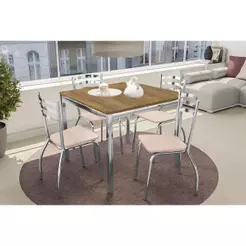 Sala de Jantar Completa Reno c/ Tampo de Madeira 90cm + 4 Cadeiras Portugal Cromada/Nude 16 - Kappesberg