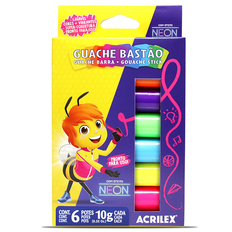 Tinta guache bastão Neon 6 cores 02008 Acrilex em Oferta na Shopee