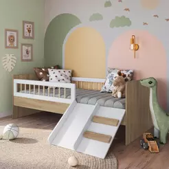 Cama Infantil Montessoriana 188x78cm com Escorregador e Grade de Proteção Aveiro com Branco