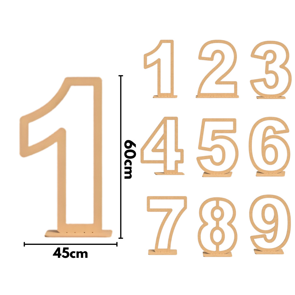 Números Vazados 60cm em MDF Cru Base Reforçada Festas Eventos Decoração Chão Aniversário Mêsversário