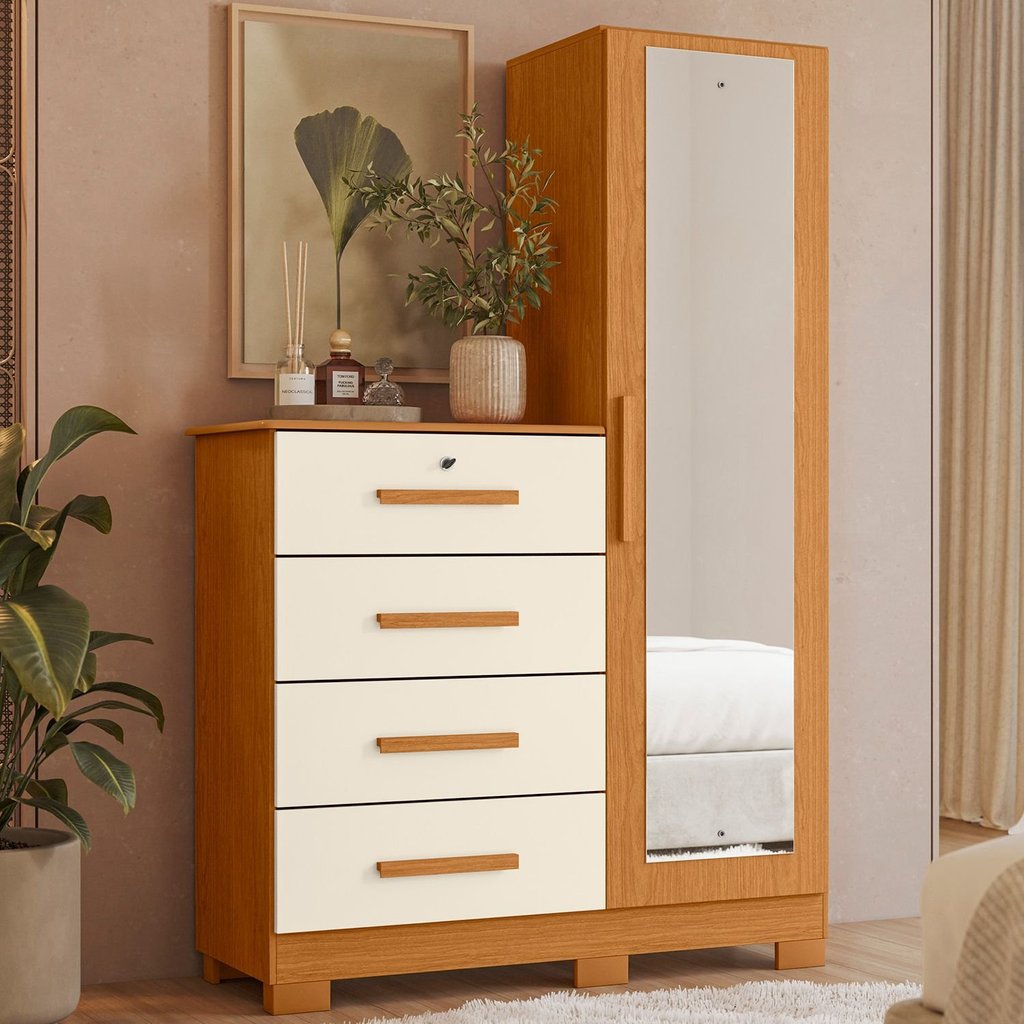 Cômoda Sapateira com Espelho 4 Gavetas 1 Porta Cancun Espresso Móveis Cinamomo/Off White em Oferta na Shopee