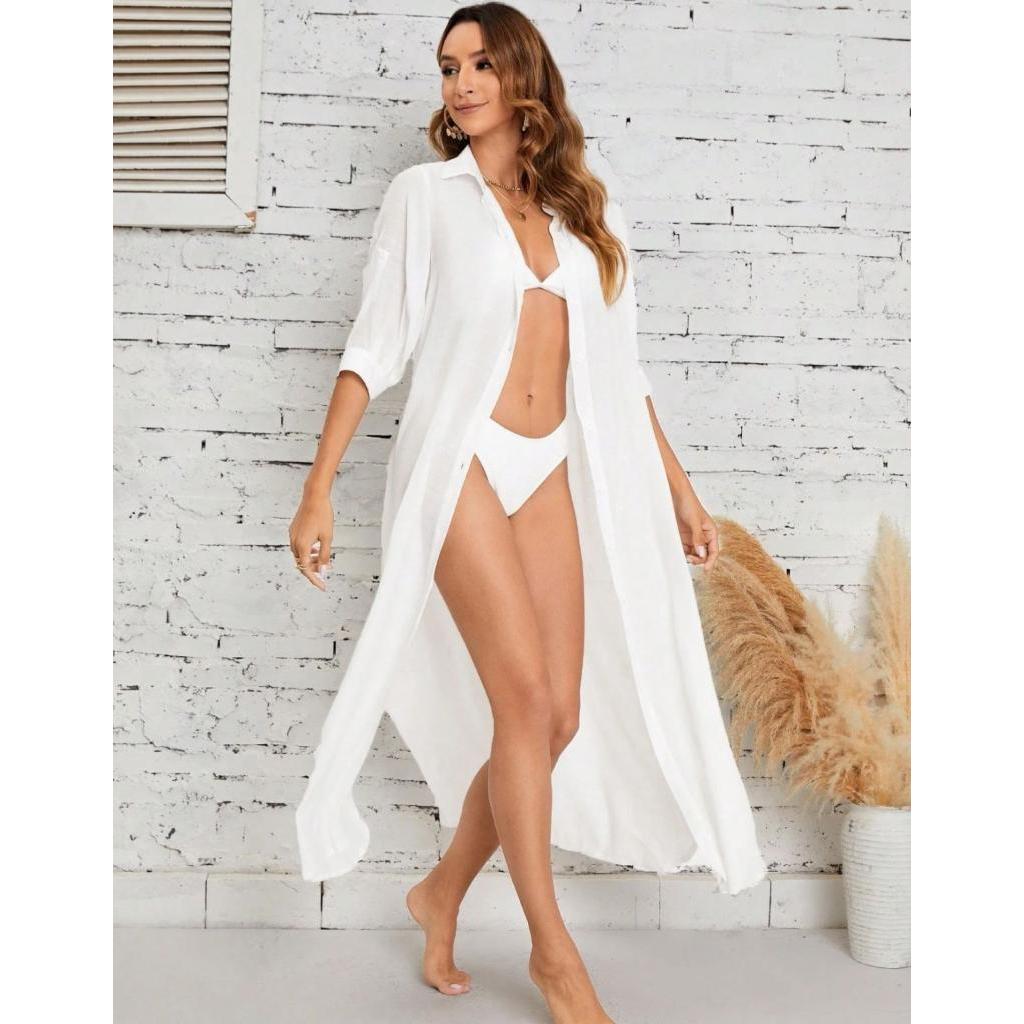 Kimono Saida De Praia Canga Feminina Manga Curta Verão Fenda Lateral Vestido